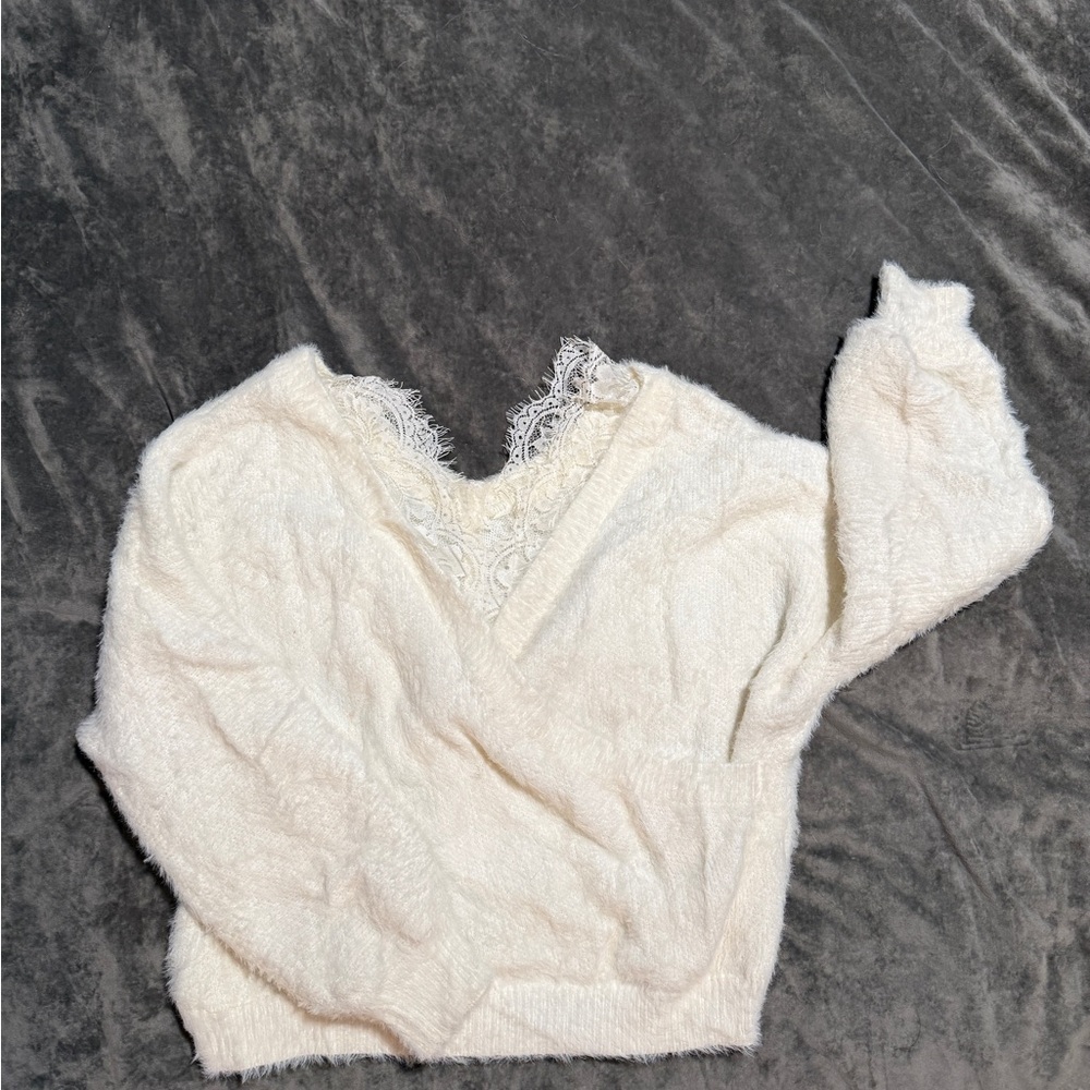 SHEIN Cream V-Neck Sweater with Lace Detail